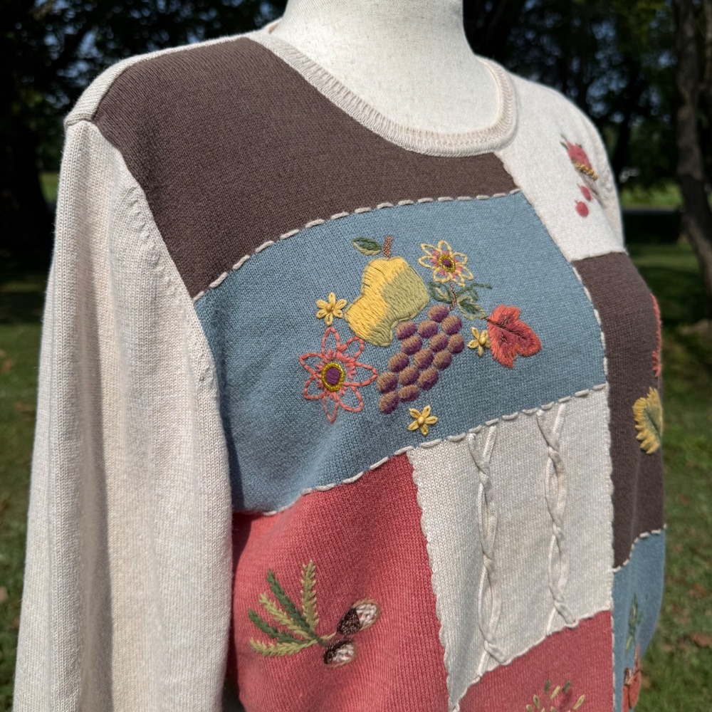 Alfred Dunner Y2K VTG Fall Patchwork Embroidered Sweater Women Tan Blue Large - Picture 8 of 11